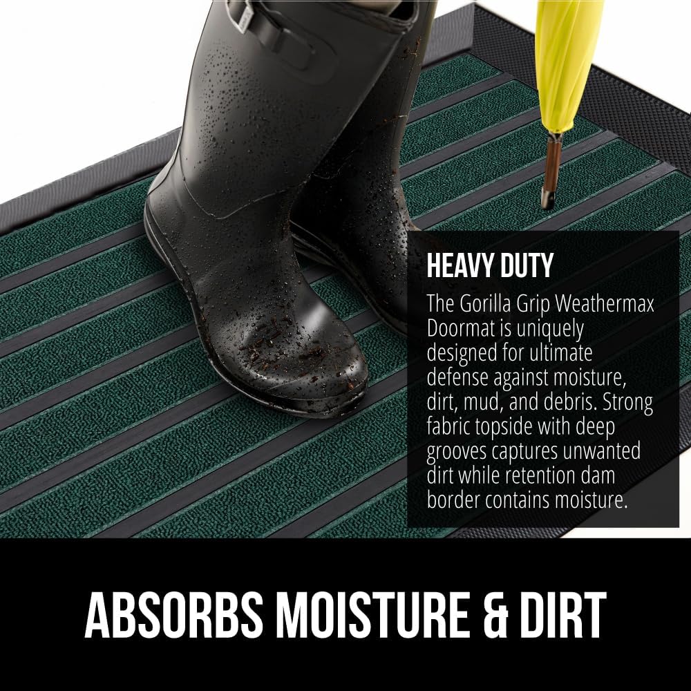 GORILLA GRIP 100% Waterproof All-Season WeatherMax Doormat US Designed Natural Rubber, Stain and Fade Resistant, Low Profile Indoor Outdoor Door Mats, Easy Clean Patio Mat, 23x35, Green Stripe