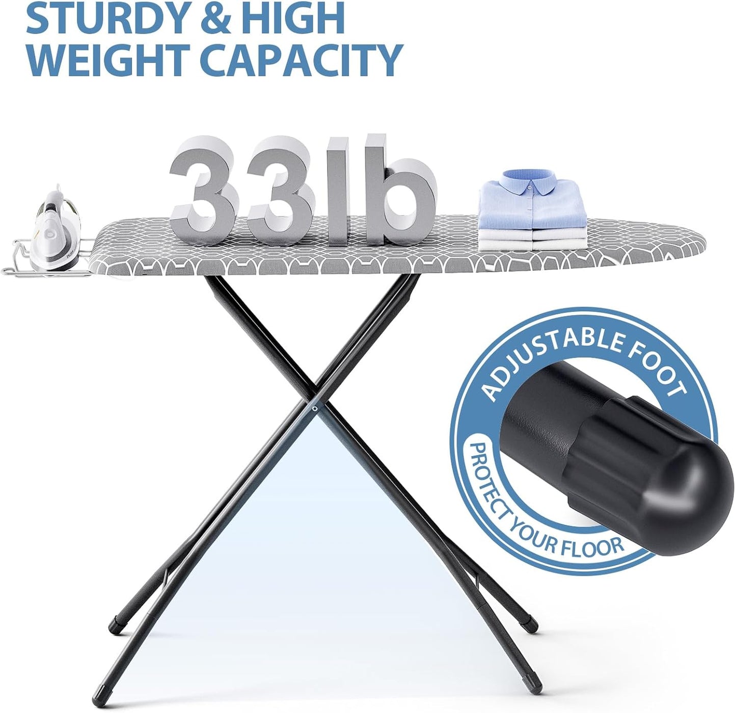 KINGBOARD Ironing Board, Foldable Iron Board with Iron Rest, Compact Ironing Board with Height Adjustable, Extra Thick Heat-Resistant Cover, Heavy-Duty Sturdy Metal Legs, 43x13 Grey