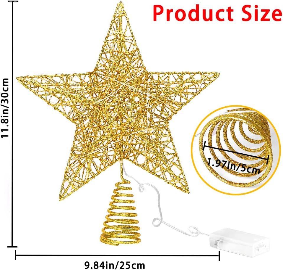 11.8 Inch LED Star Tree Topper - Gold Metal Ornament with 20 Lights for Christmas Tree Decoration