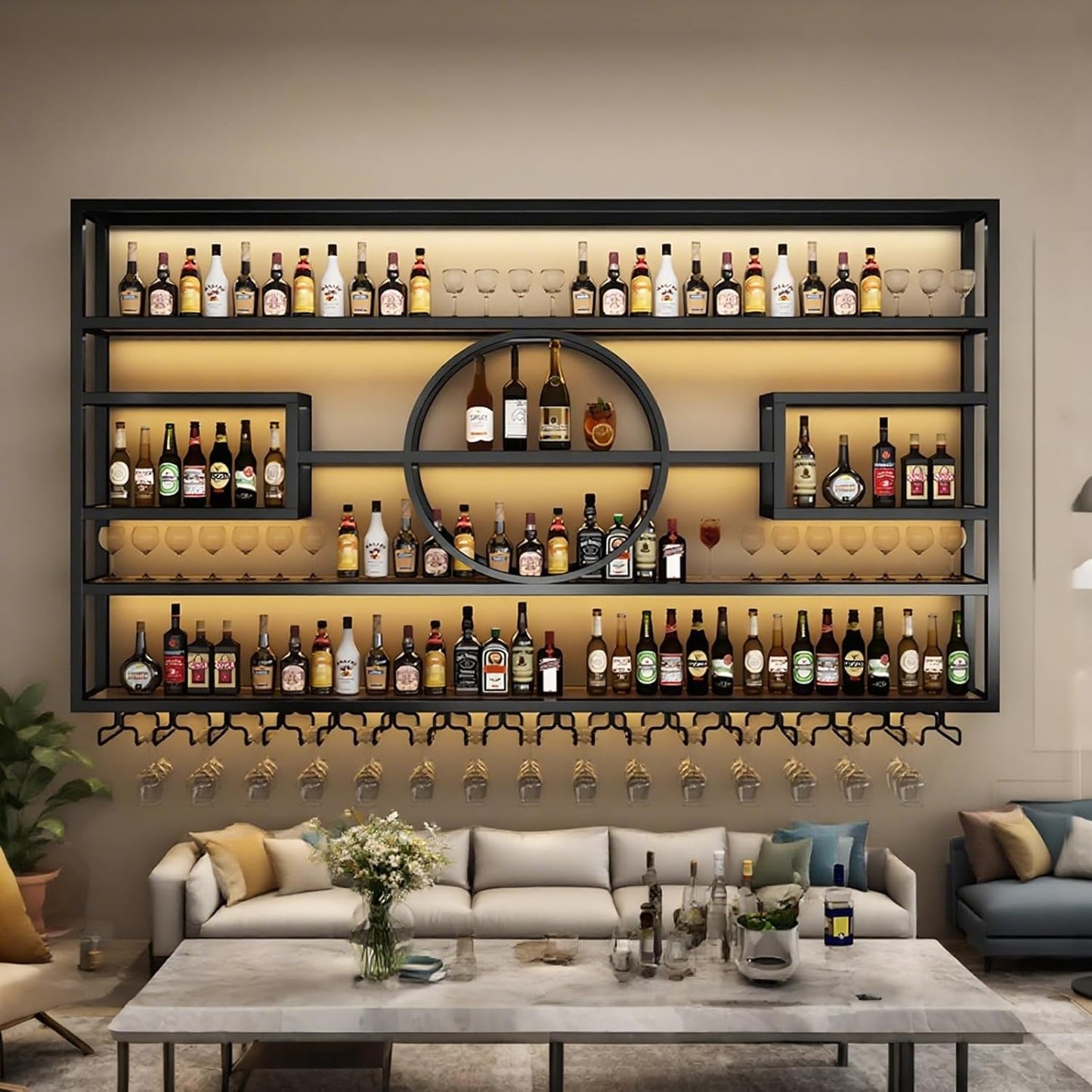 55.1in Wall Mounted Wine Rack, Modern Metal Wine Bottle and Glass Holder, Iron Display Stand Decorative Wine Rack, for Bar Living Room Dining Room Background (Black, 55.1 * 8 * 51INCHES)