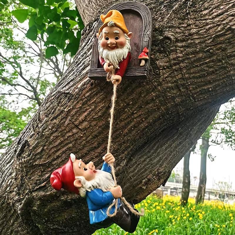 Climbing Gnomes Tree Faces Decor Outdoor for Yard, Adorable Gnome Elf Out Hugger Fairy Door Statue for Tree, Funny Garden Gnome Peeker Sculpture Yard Patio Art