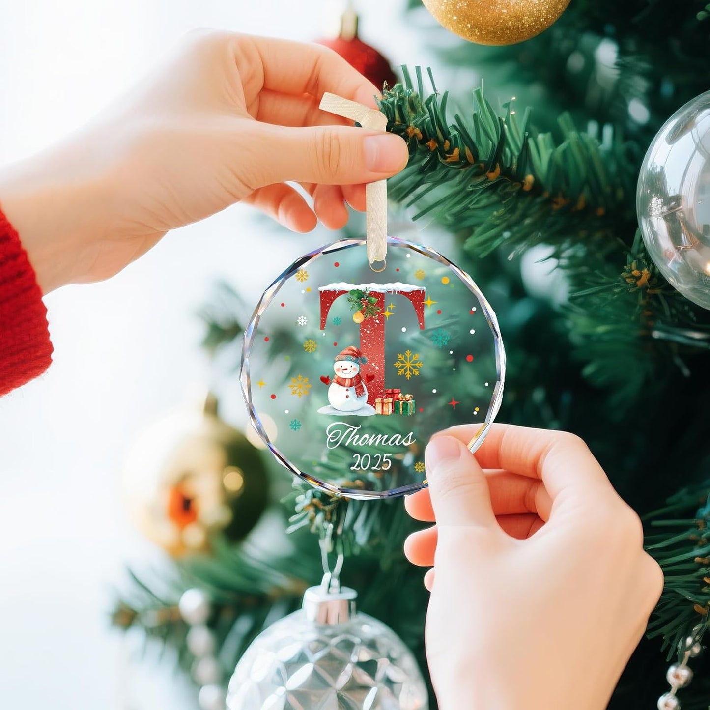 Personalized Christmas Ornaments with Names, Name Ornaments for Christmas Tree, Custom Snowman Letter Christmas Ornament for Kids and Adults, Stocking Name Tags