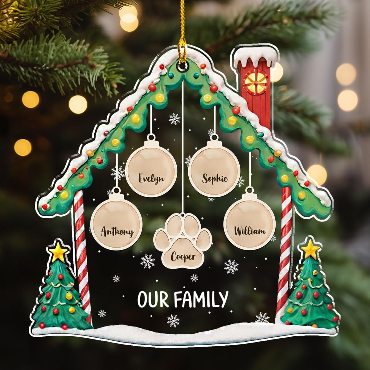 Personalized Family Christmas Acrylic Ornament 2024 - Custom Name Charms Family Members up to 10 People and Pets, Paw Charm Ornament Gifts for Family Tree Decoration (A02, 6 Names)