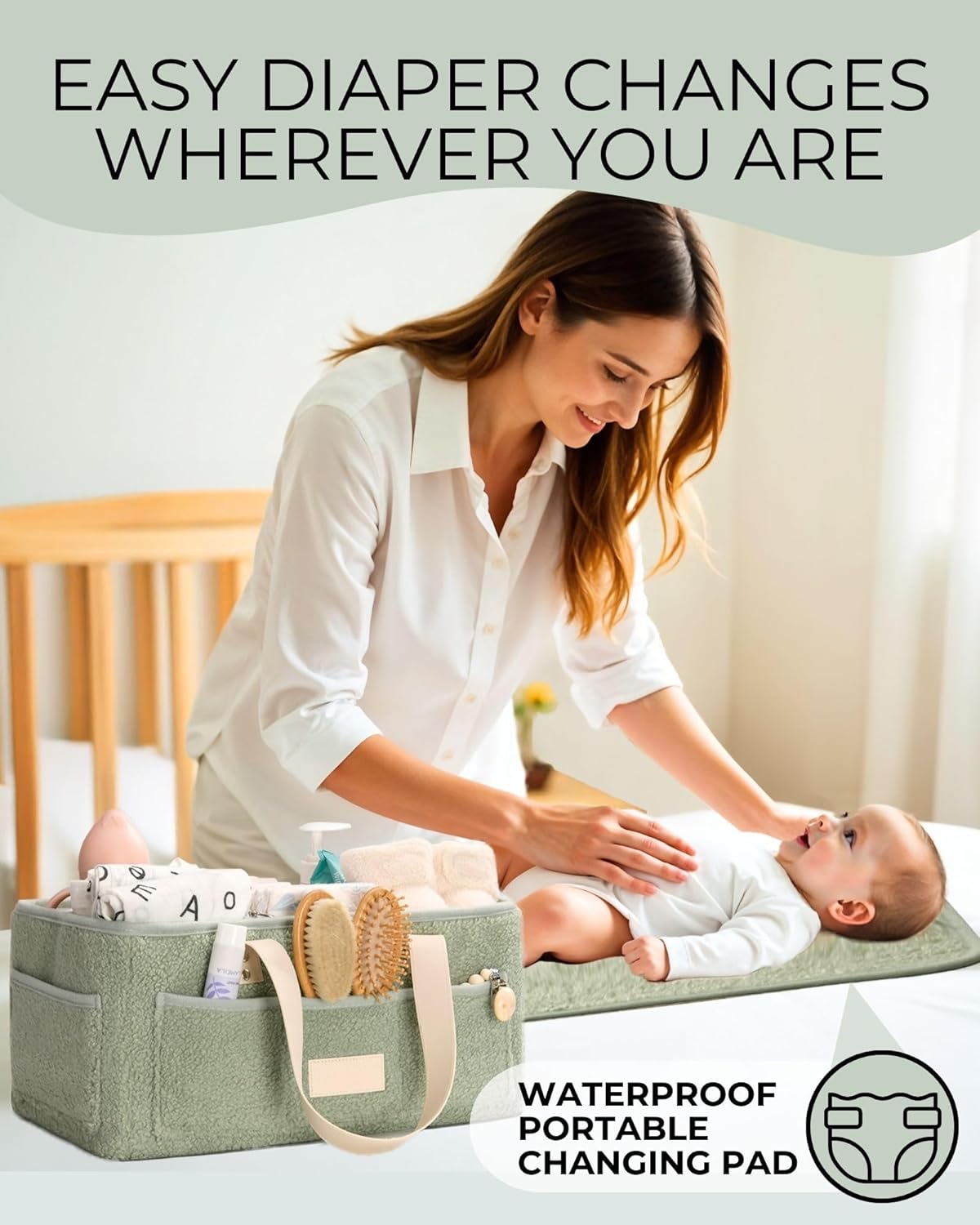 Baby Diaper Caddy Organizer with Portable Changing Mat - Teddy Fleece Diaper Organizer for Changing Table - Basket for Changing Essentials - Baby Essentials Organizer with Removable Dividers