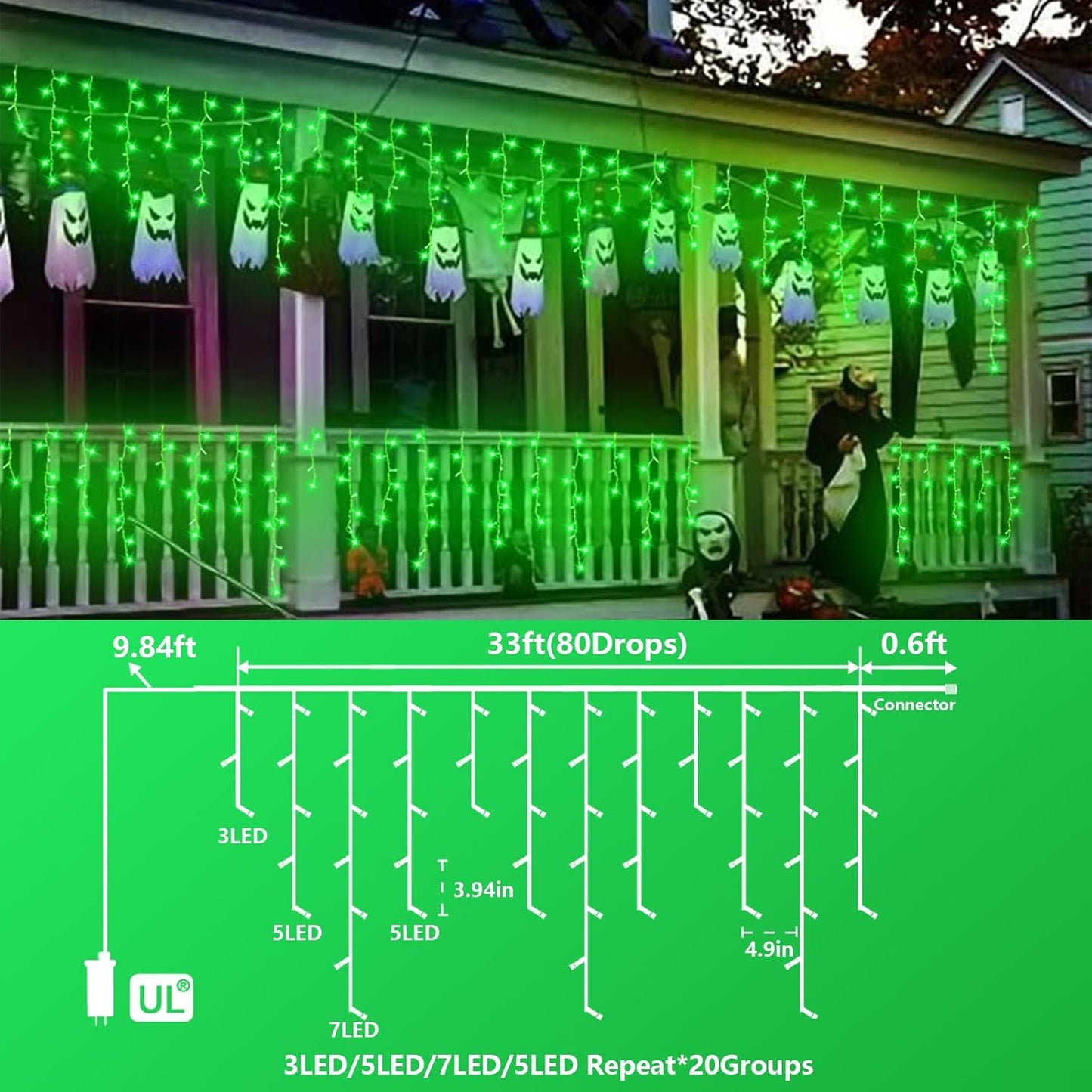 QITONG Green Icicle Lights for Outside, 33ft 400 LED Halloween Light Plug in with 8 Modes, Clear Wire Connectable Christmas Lights Indoor with 80 Drops