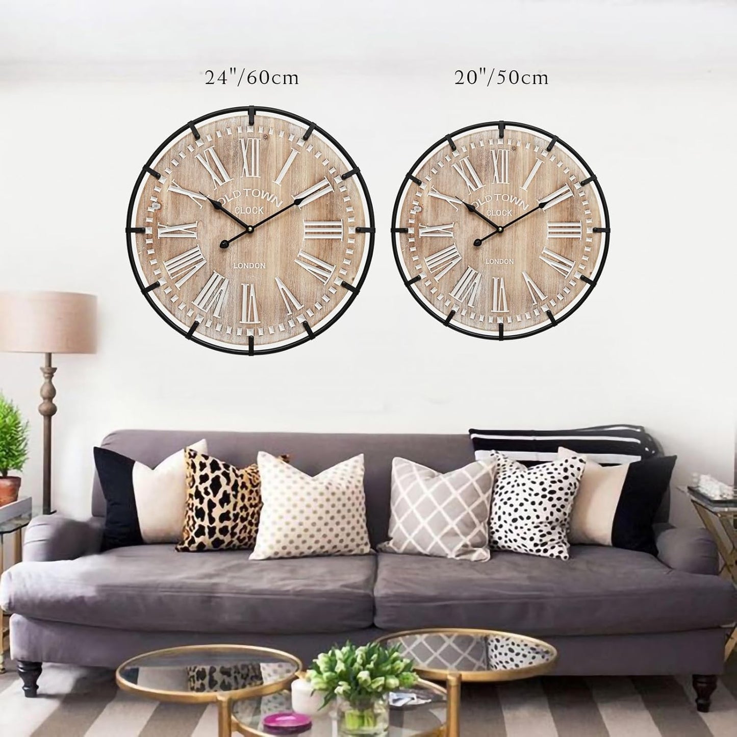20 Inch Large Farmhouse Wall Clock, Rustic Antique Wood with Metal Circle and Large Engraved Numerals, Silent Battery Operated Wall Clock for Office Kitchen Bedroom Living Room