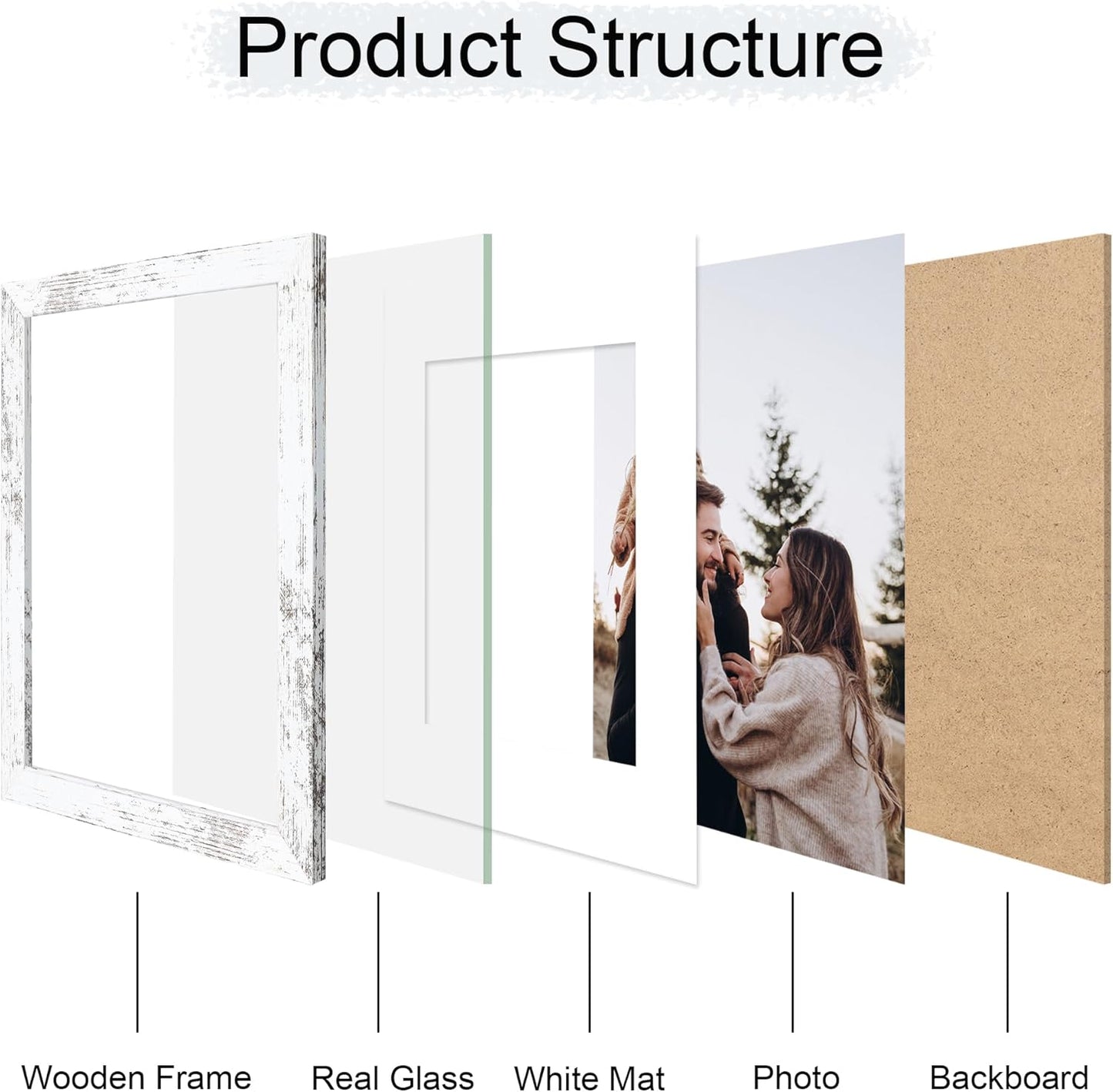 11x14 Picture Frame Set of 4, 11 x 14 Wood Photo Frames with Mat for 8x10, Rustic Natural Wooden Frame with Real Glass Cover for Wall and Tabletop Display,Distressed White