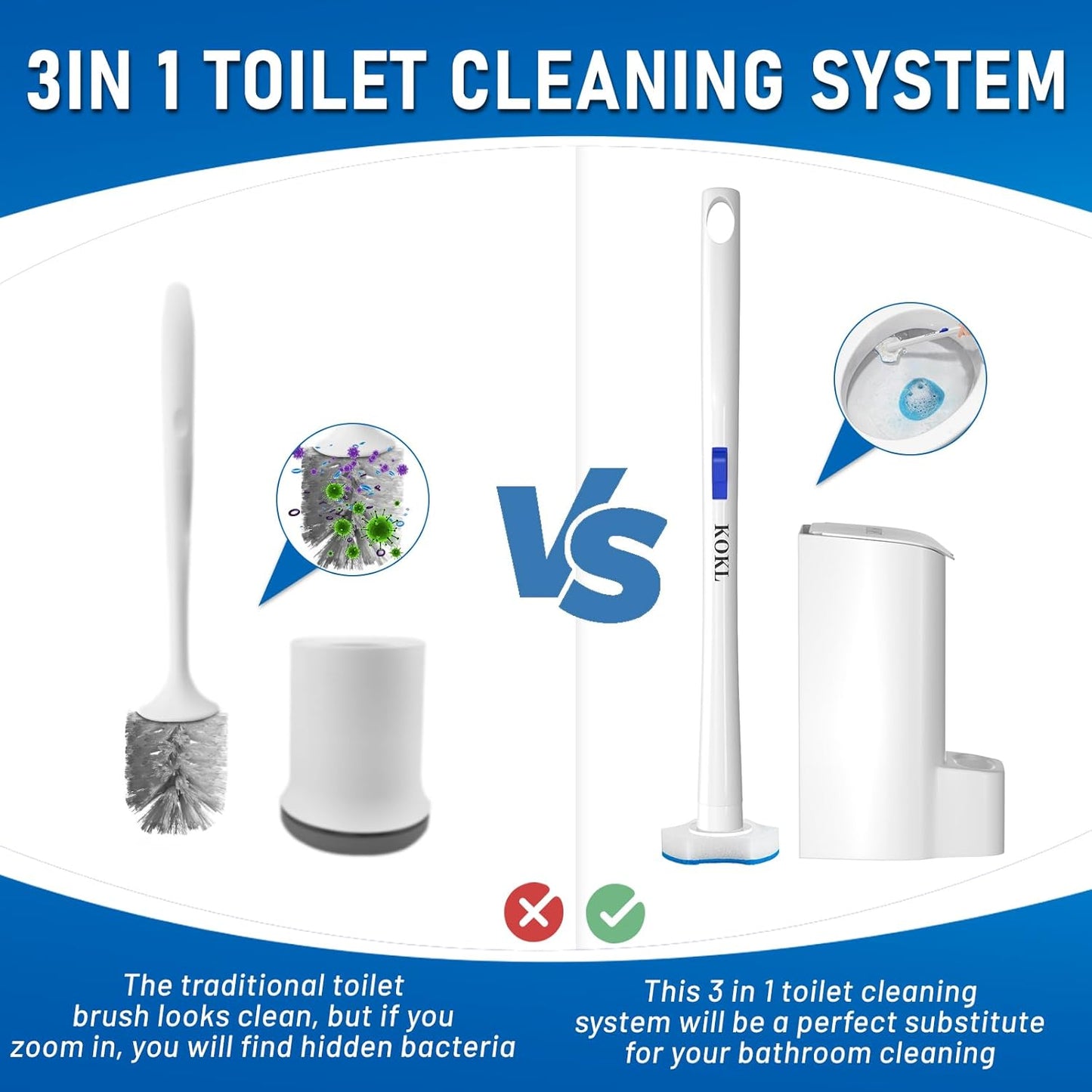 KOKL Disposable Toilet Brush, Toilte Wand Kit, Toilet Brushes and Holders with 40 Refills, Toilet Bowl Brush, Toilet Bowl Cleaning Wands, Toilet Cleaning System for Bathroom Maintenance(2-Set)