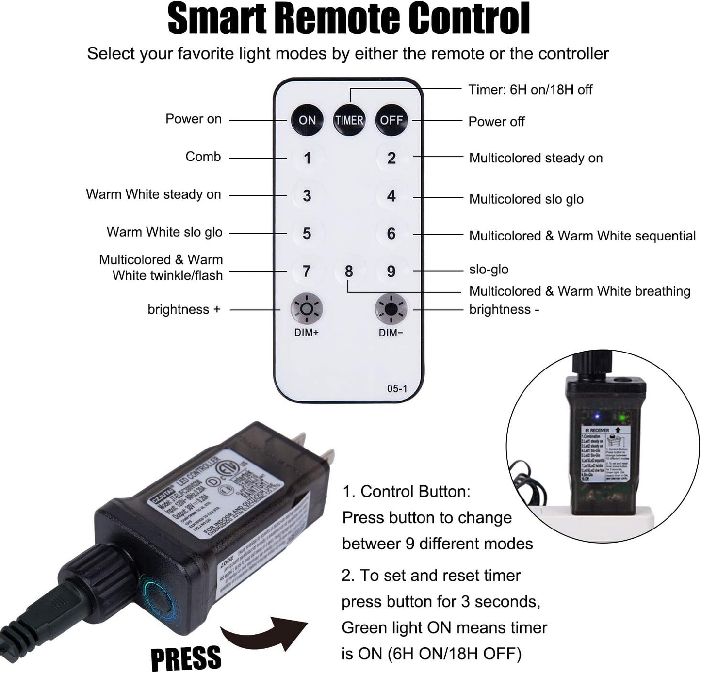 200 LED Christmas String Lights Outdoor 75 Ft. 9 Modes with Remote Timer Dimmer Extendable Mini Fairy Lights Plug in for Indoor Xmas Trees Wedding Decor, Warm White + Multicolored