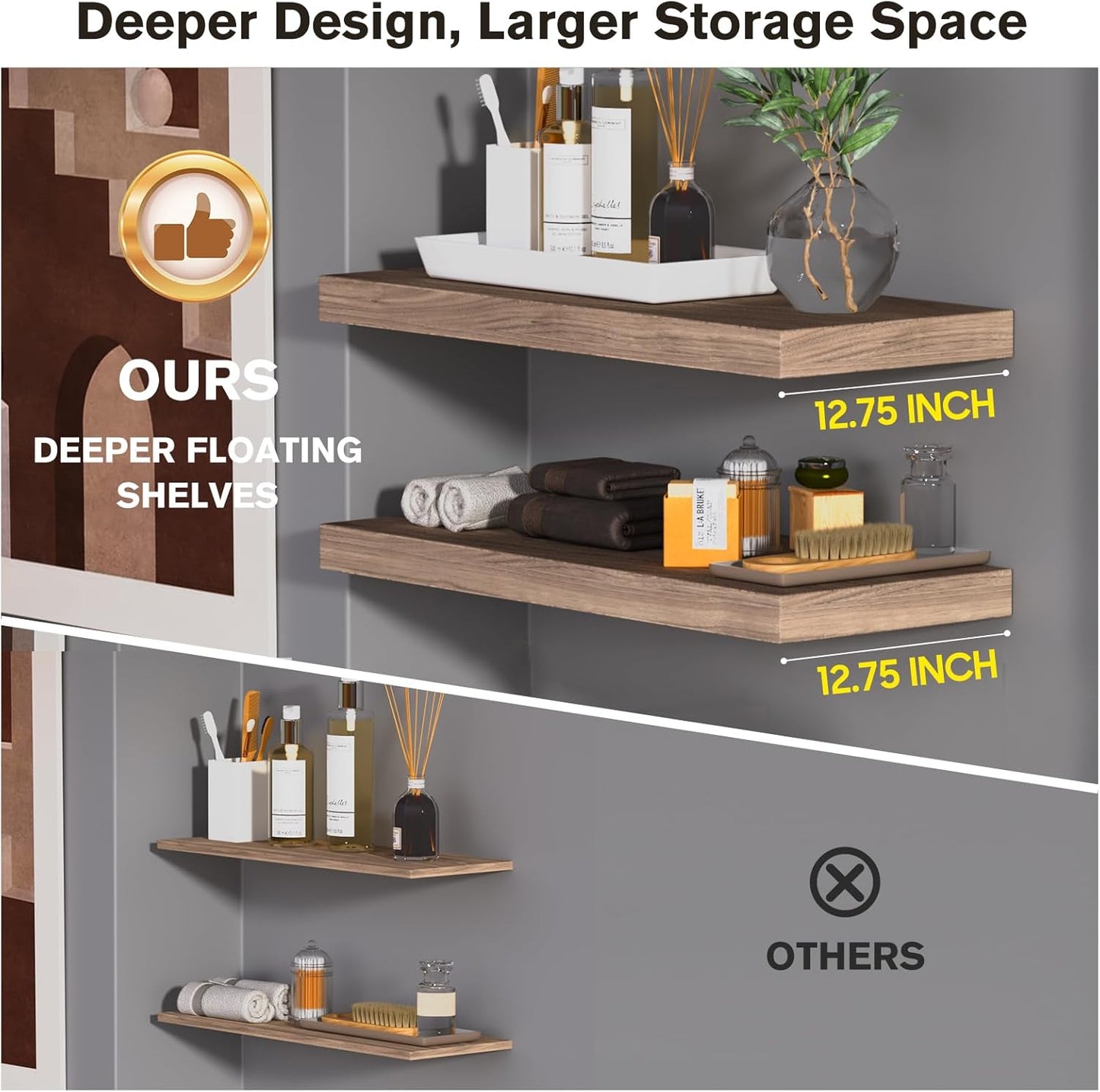 Floating Shelf, Set of 2 Wall Shelf, 36 in W x 12.75 in D x 2 in H Wooden Floating Wall Shelf with Invisible Brackets for Living Room/Bedroom/Bathroom/Kitchen Storage and Decor, Walnut