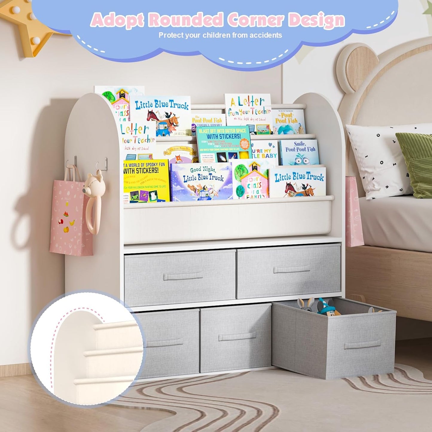 NACHES Kids Bookshelf and Toy Storage Bins, Children Bookcase Toddler Book Display Cabinet with 5 Toy Organizer Boxes for Playroom,Reading Room,Toddler Room,Nursery,Classroom