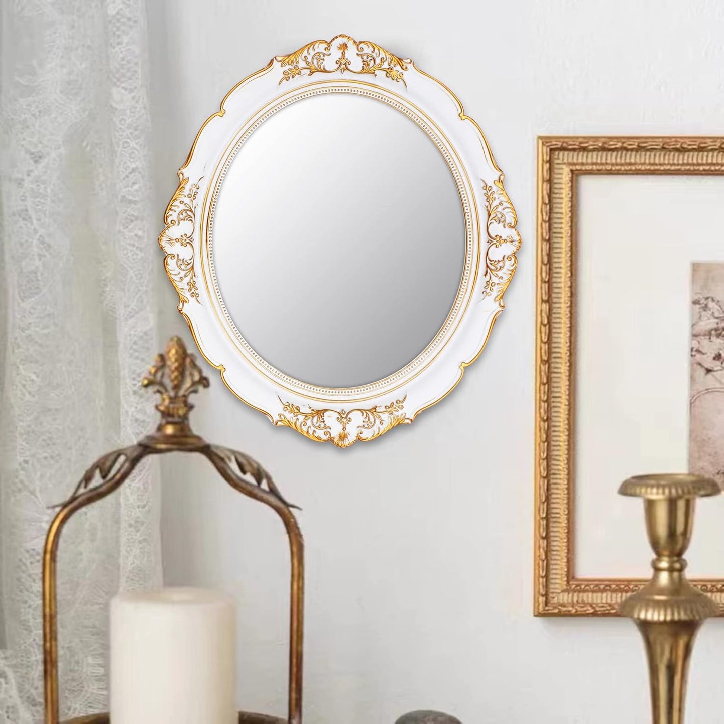 Vintage Decorative Wall Mirror 14.8 x 13.1 Inch Oval Mirror White