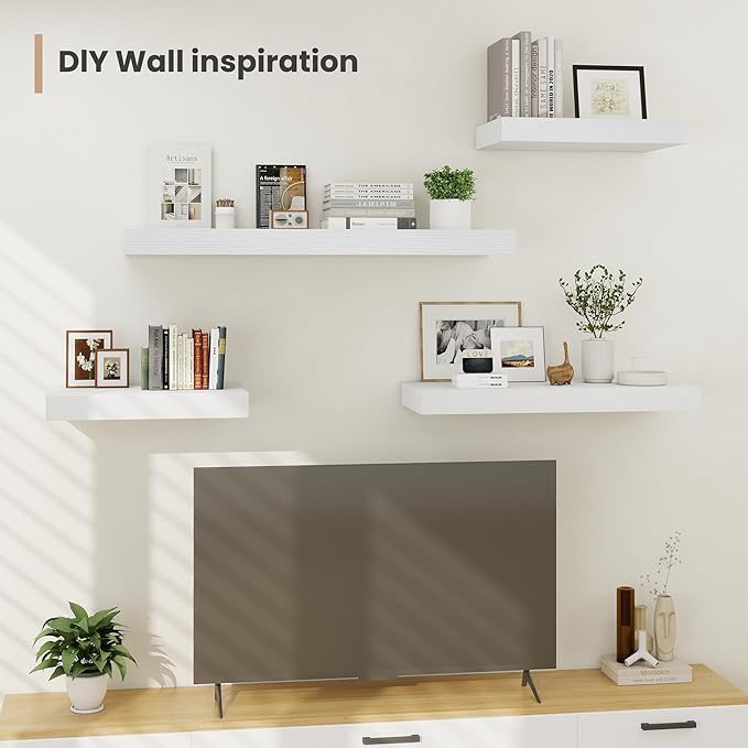 Heimlove 24 x 12 Inch Deep Floating Shelves Wall Mounted with Invisible Brackets,Storage Hanging Shelf for Wall Decor in Bathroom, Bedroom, Toilet, Kitchen, Living Room, Office Set of 2 (White)