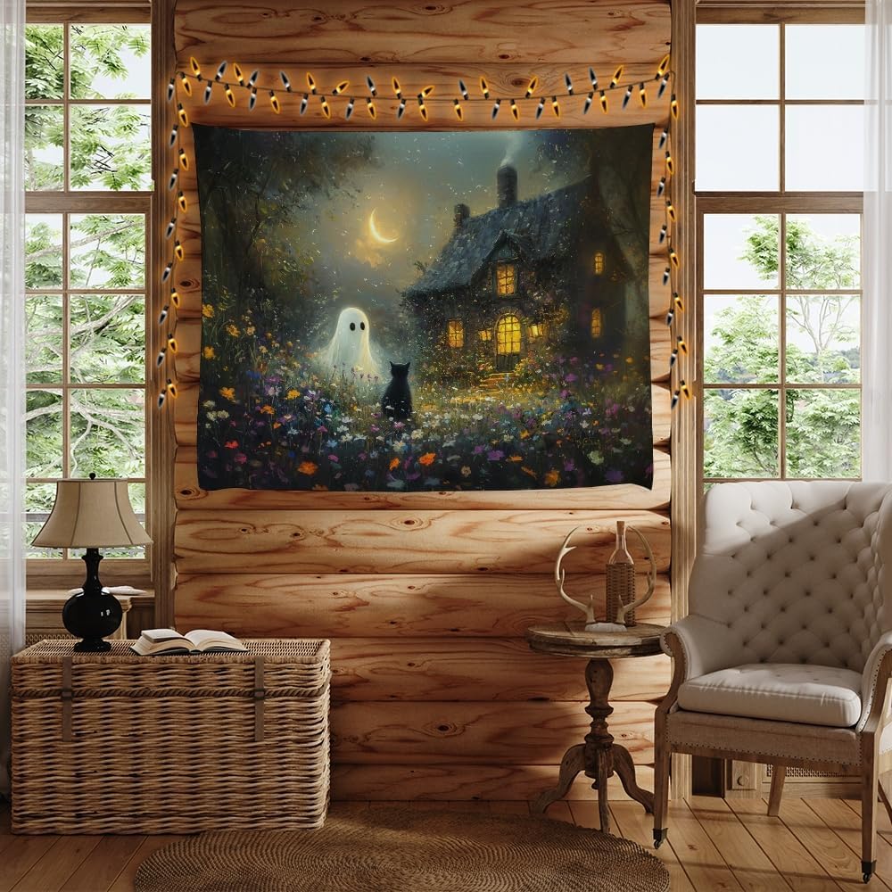 Halloween Black Cat and Ghost Tapestry Wall Hanging for Spooky Cute Bedroom Decor Dark Academia Moon Wildflower Cottage Tapestries Aesthetic for Home Living Room Decoration 30x40inch