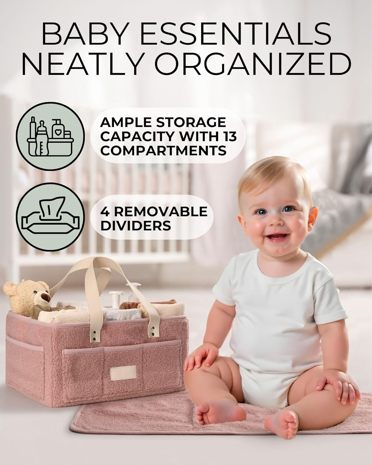 Baby Diaper Caddy Organizer with Portable Changing Mat - Teddy Fleece Diaper Organizer for Changing Table - Basket for Changing Essentials - Baby Essentials Organizer with Removable Dividers