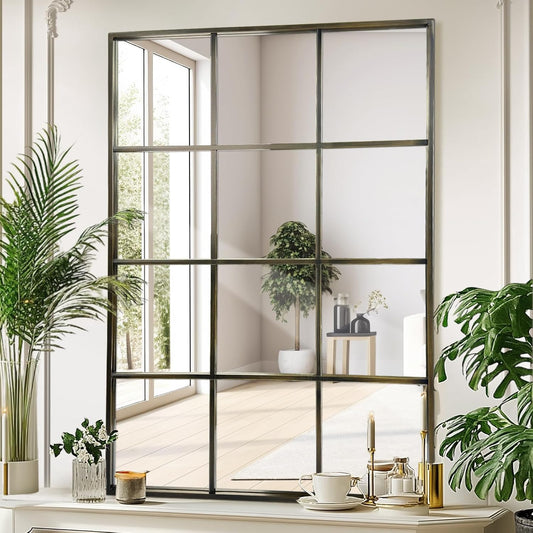 Windowpane Wall Mirror 24"x36" Bronze Wall Mounted Art Pane Mirror Farmhouse Decorative Mirror Leaning Hanging Wall Mirror for Bedroom Living Room Entrance Hallway Wall Decor