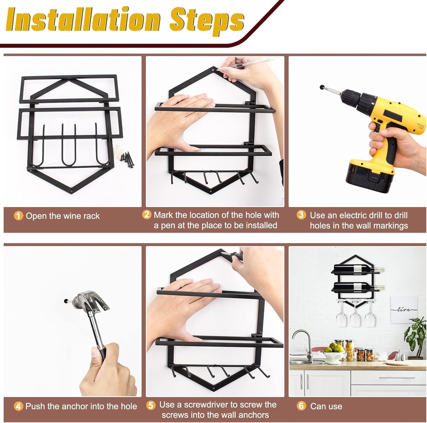 Wall Mounted Wine Stemware Rack, Metal Hanging Wine Glass Display Holde Holds 3 Cups 2 Bottles, Elegant Storage for Kitchen Dining Room Bar Wine Cellar (Black 2)