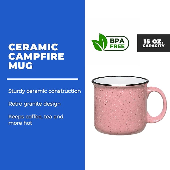 Set of 8 Ceramic Campfire Mugs – 15 Oz, Pink – Coffee & Tea Cups for Home, Work, Travel, Camping – Customizable, Great for DIY, Events, Companies