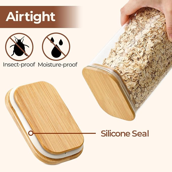 ComSaf 2 Qt Rectangle Glass Storage Containers with Lids, Glass Jars with Bamboo Lids, Clear Food Jar, Square Canister Set of 3, Pantry Organizers and Storage for Flour Pasta Coffee Bean