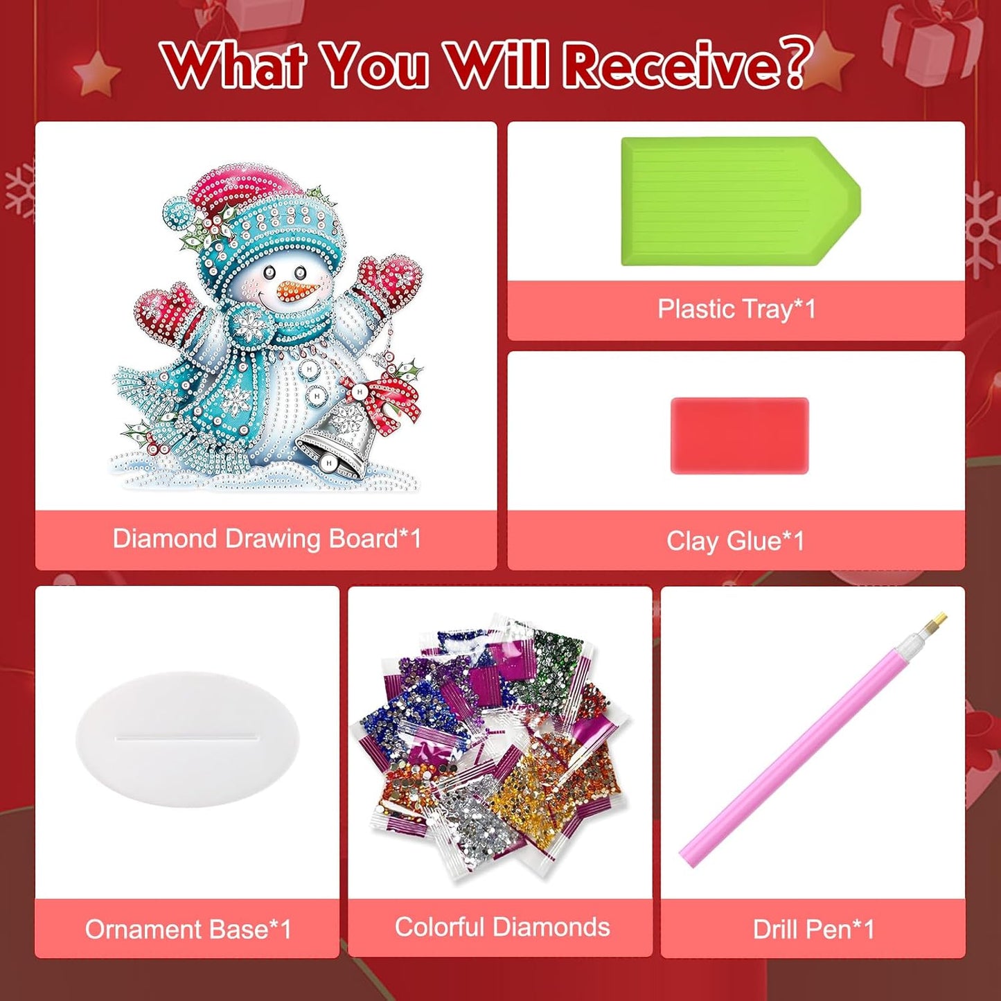 MEIYUDA Christmas Diamond Art Tabletop Kits, Christmas Snowman Diamond Art Painting Desktop Ornaments for Adult, DIY Special Shaped Crystal Desk Placement Ornament for Home Office Decor Crafts Gift