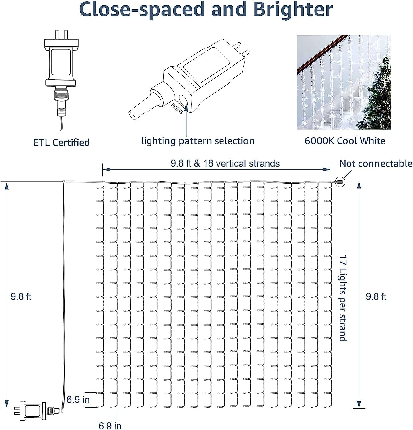 Lighting EVER Curtain Lights Cool White, 306 LED Plug in Hanging Fairy String Light for Bedroom Wall, Indoor Outdoor Backdrop Lighting for Wedding Party Patio (10x10ft, 18 Strings 6.9" Apart)