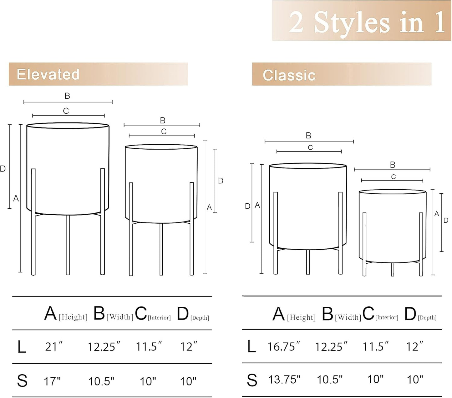 ARNIS Modern Plant Pots, Set of 2 Round Large Planters with Stand, Large Size Metal Pots with Drainage Holes for Living Room, Office, Garden or Balcony, 10.5 &12.25 Inch, Black & Gold