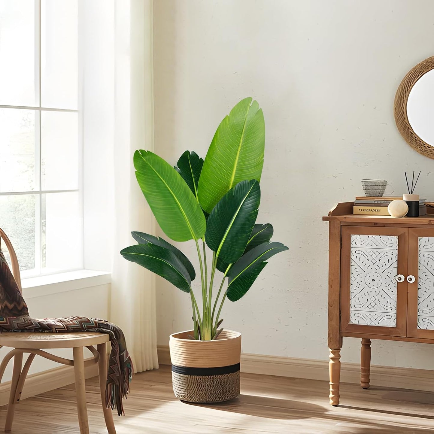 Artificial Bird of Paradise Plant 4Ft Fake Tropical Palm Tree with 8Trunks Faux Banana Leaf Trees in Pot for Home Indoor Outdoor Office Modern Decor Housewarming Gift（2Pcs）