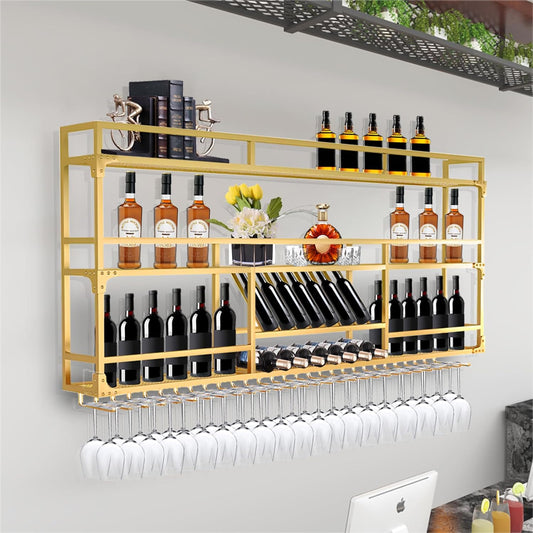 39.1in Wall Mounted Wine Rack, Wine Rack Wall Mounted With Wine Glass Rack, Metal Bar Bottle Display Shelf Wine Cups Hanging Holder, For Home Bar Cafe Dining Room Decoration (GOLD, 39.1*10*35.5inch)