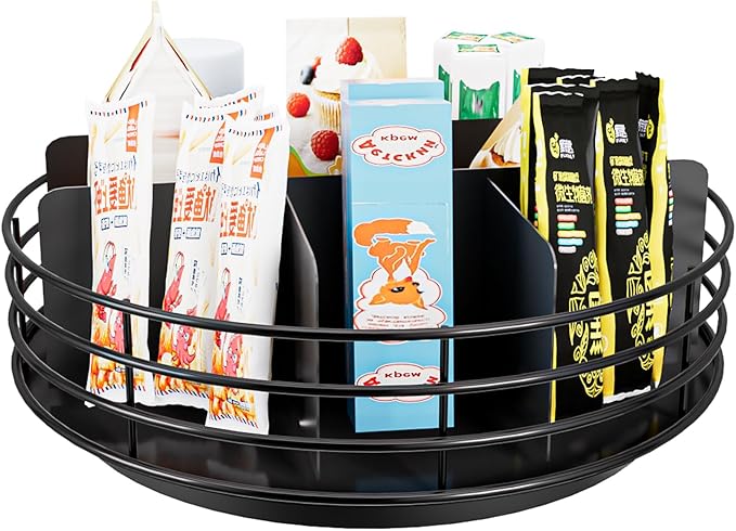 Snack Organizer - Versatile Snack Storage, Lazy Susan with Convenient Grab-and-Go Design, Metal Snack Holder for Home, Office, Breakroom, 11.85" L x 11.85" W x 4.17" H (Matte Black)