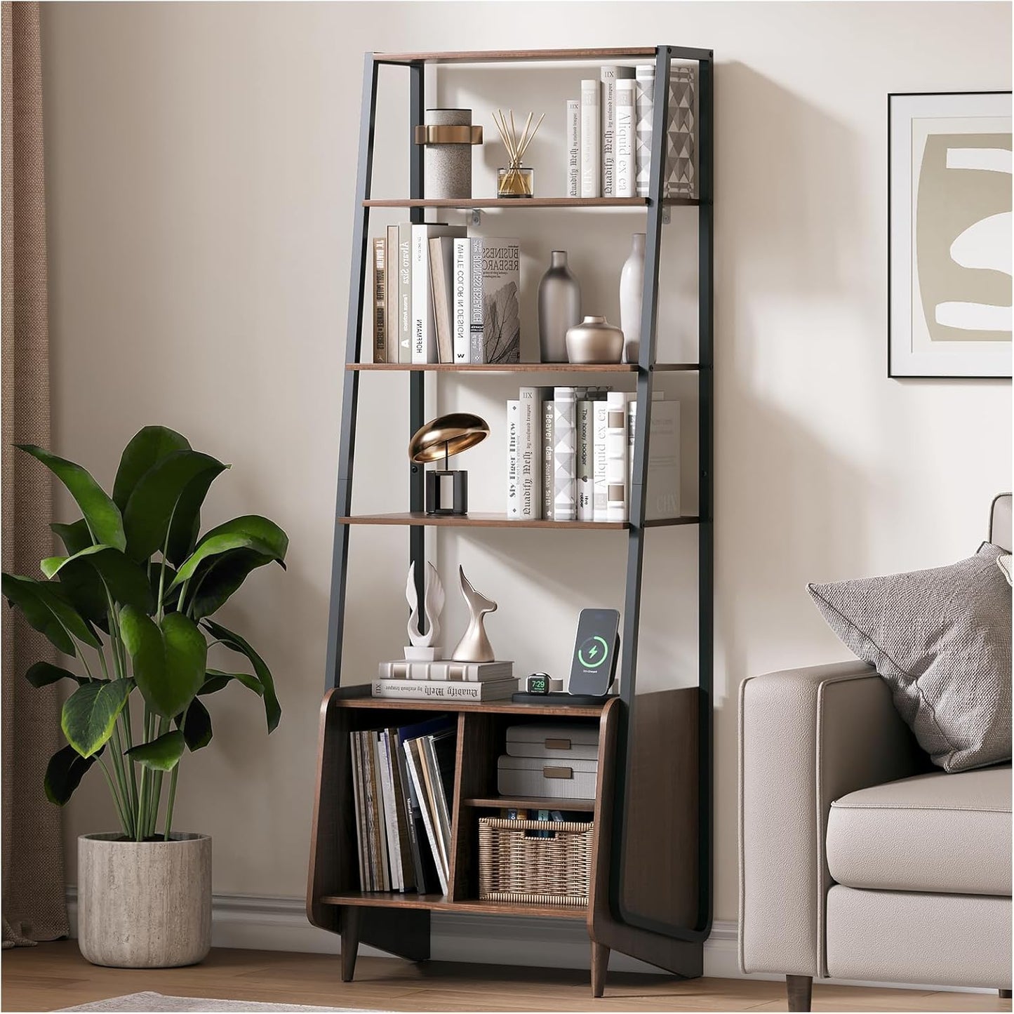 5 Tier Ladder Shelf with Cabinet, Mid Century Modern Bookshelf, Tall Bookcase with Charging Station, Wood and Metal Open Display Shelf for Living Room, Bedroom, Home Office, Walnut