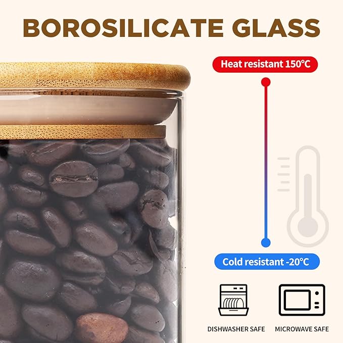 Glass Food Storage Jars, Glass Jars with Bamboo Lids, Kitchen Storage Jars, Canisters with Airtight Lids for Spice, Coffee, Cookie, Set of 5, Pantry Organizers