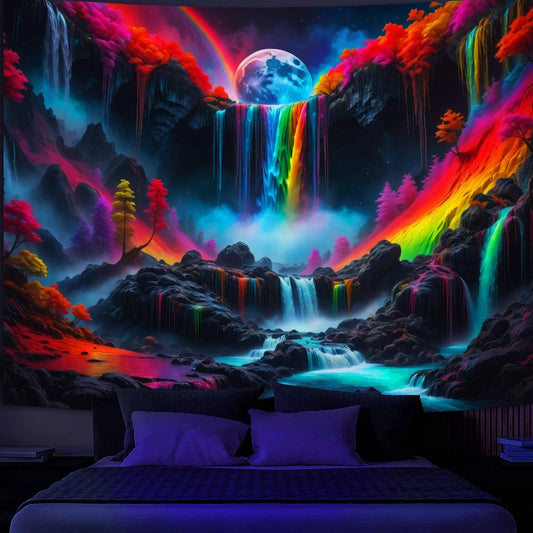 SparkLia Blacklight Waterfall Planet Tapestry, UV Reactive Glow in the Dark Fantasy Landscape Mountain Wave Neon Nature Wall Hanging Tapestries for Bedroom - 80 x 59 inches