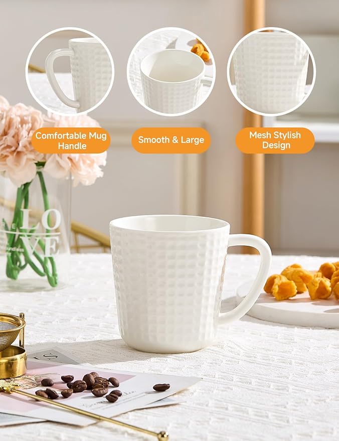 Ceramic Coffee Mugs 15 oz, Large Waffle Embossed Mug Set, Coffee Cups for Latte, Cappuccino, Cocoa, Hot Tea, Mocha, Milk, Housewarming Wedding Present, Microwave & Dishwasher Safe - Set of 6 (White)