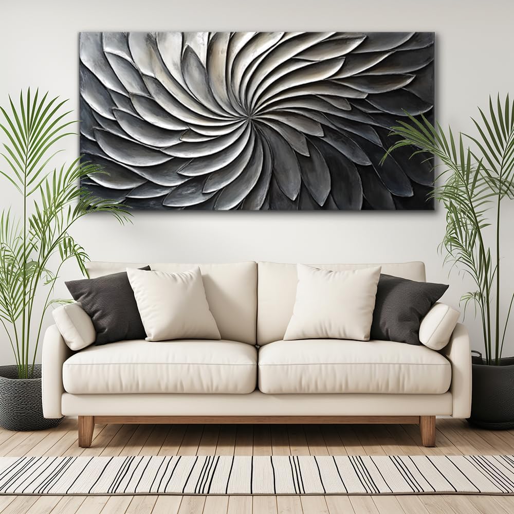 LASMOND Abstract Black and White Wall Art for Living Room Modern Canvas Print Painting Lines Flower Floral Large Artwork Bedroom Home Office Wall Décor (46x23 Inches)