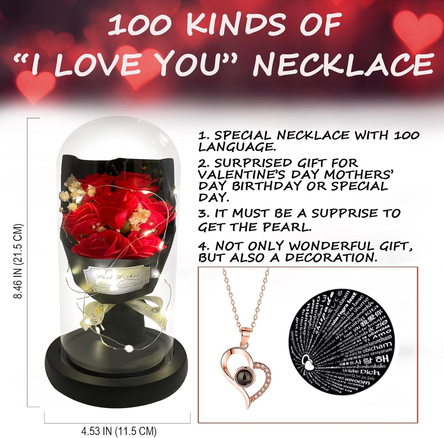 Gift for Her Forever Flower Bouquet for Delivery Prime Preserved Red Roses Glass Dome LED Light 100 Languages I LOVE YOU Necklace Mothers Day Birthday Romantic Valentines Gift for Wife Women Mom