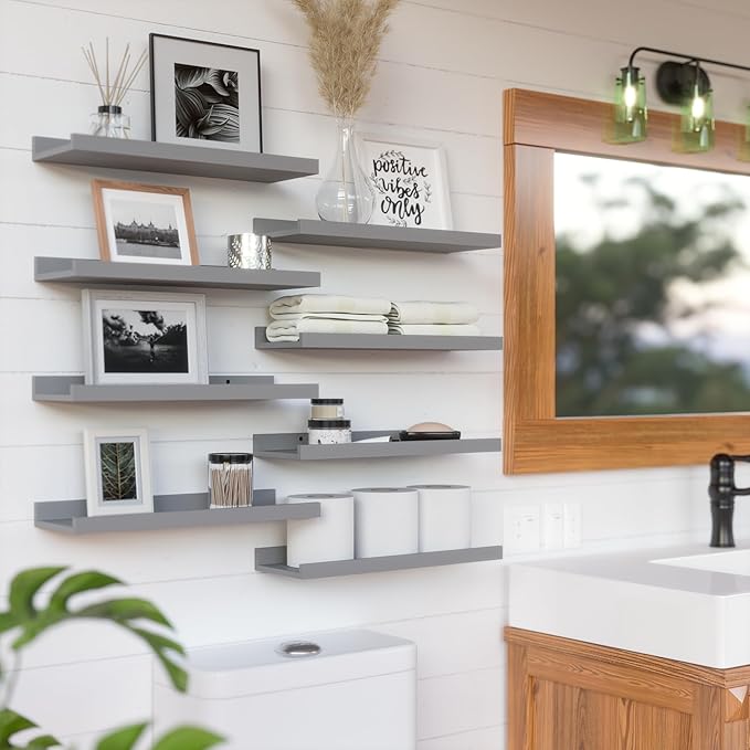 RICHER HOUSE 8 Set Floating Wall Mounted Shelves, Nursery Hanging Book Shelves with Lip for Storage, Gray Display Picture Ledge Shelf for Bedroom Bathroom Kitchen Living Room Wall Decor, Modern Grey