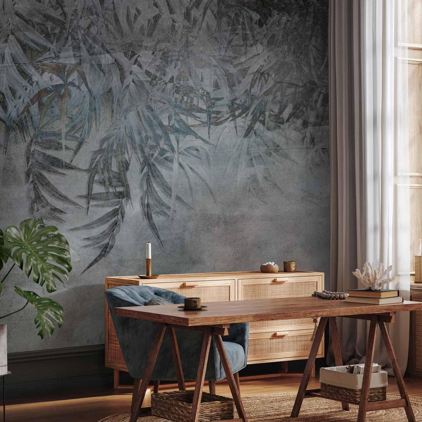 artgeist Wall Mural Leaves 154x110 in - XXL Peel and Stick Self-Adhesive Wallpaper Removable Large Sticker Foil Wall Decor Print Picture Image Design Palm Leaves Concrete Nature Grey b-C-10103-a-a