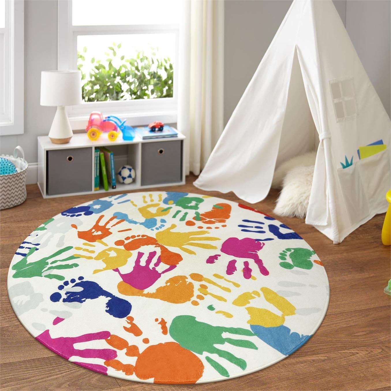 STARUIA Large Round Rug for Classroom 6 Ft, Colorful Circle Rug for Nursery, Washable Kids Rug for Playroom, Soft Circular Carpet Handprints and Footprints Play Mat for Kids Bedroom Toy Room