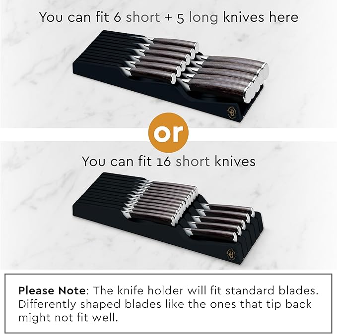 In-Drawer Knife Block - Bamboo Knife Drawer Organizer for Kitchen - Fits 5 Long + 6 Short Knives | Store Knives with Blades Pointing Down - Wooden Steak knife Holder without Knives (Black)
