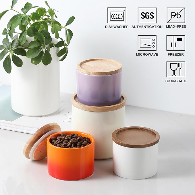 Sweejar Kitchen Canisters Ceramic Food Storage Jar, Stackable Containers with Airtight Seal Wooden Lid for Serving Ground Coffee, Tea, Sugar, Spice and More - 5 Fl Oz(Gradient Orange)
