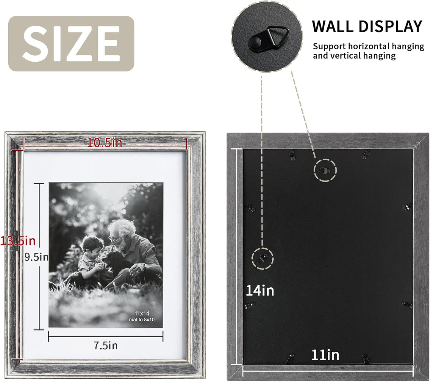 Yaetm 11x14 Rustic White Wood Picture Frame with Mat for 8x10, Weathered Solid Wood Frame with Real Glass, Distressed White Wooden Photo Frames 11 x 14 for Tabletop & Wall Mount, 2 Pack