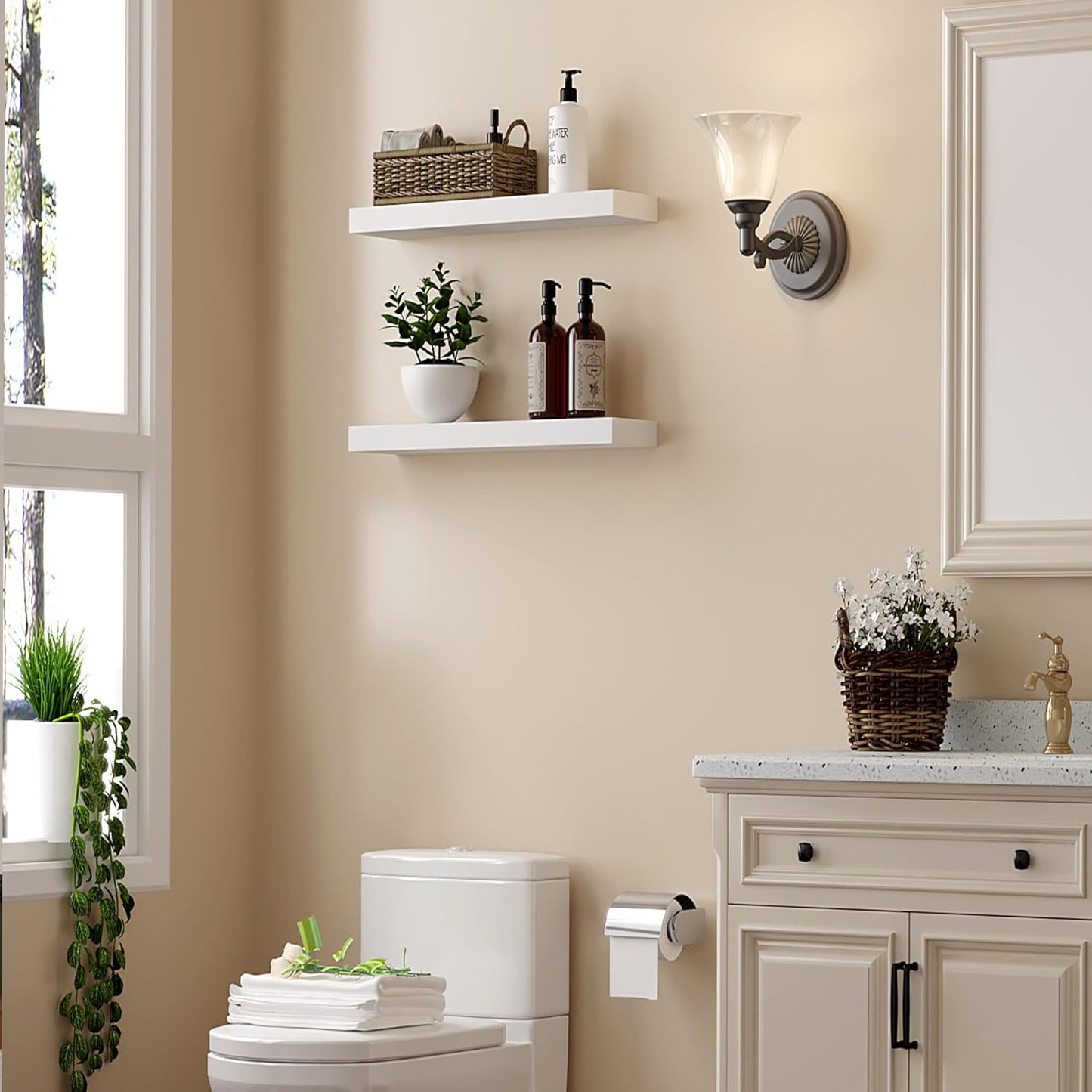 BGMG Wood Floating Shelves 16 inch Set of 2, Rustic Wooden Wall Mount Shelves for Bathroom Living Room Bedroom Kitchen Farmhouse -16x 6.7 x1.25 inch- White