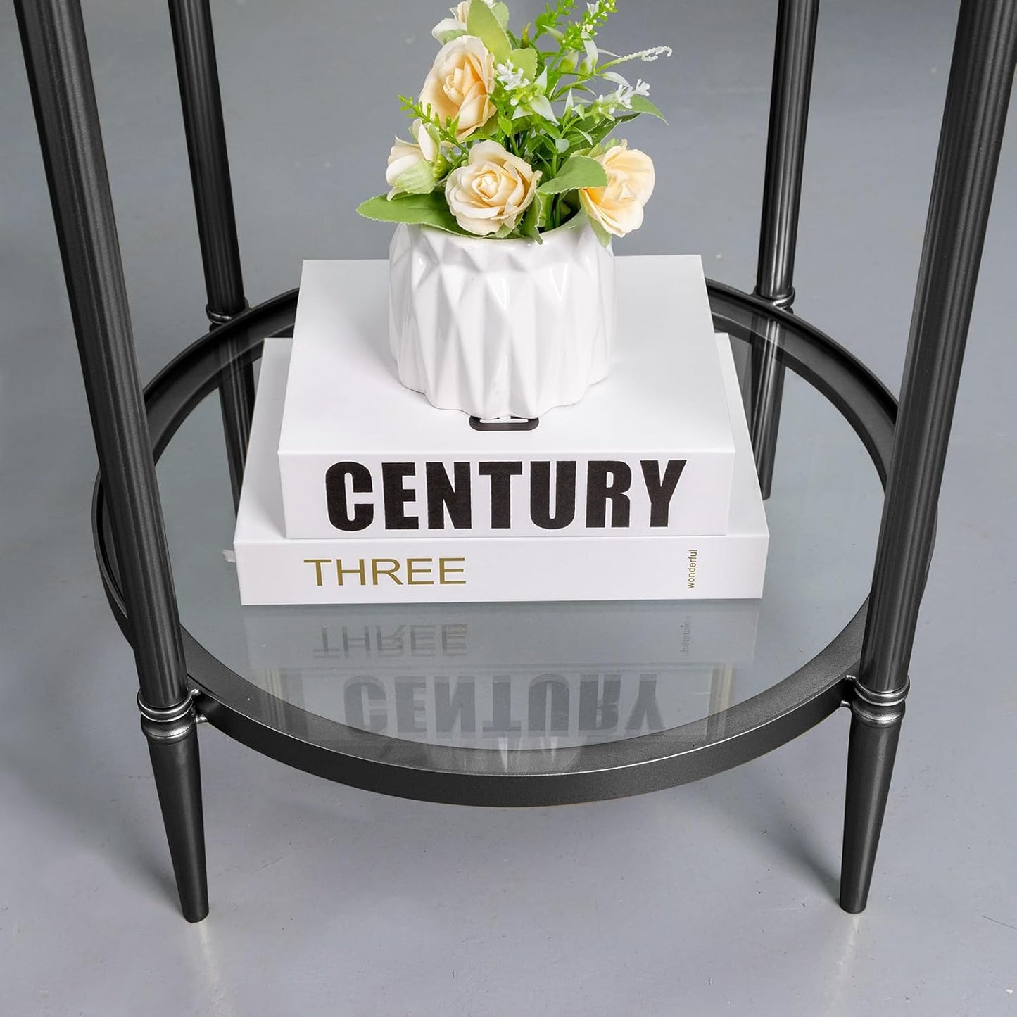 2 Tier Round Side Table, Black End Table with Glass Top, Modern Metal Clear Coffee Table，Small Accent Table for Living Room, Bedroom, 18" x 18" x 24"