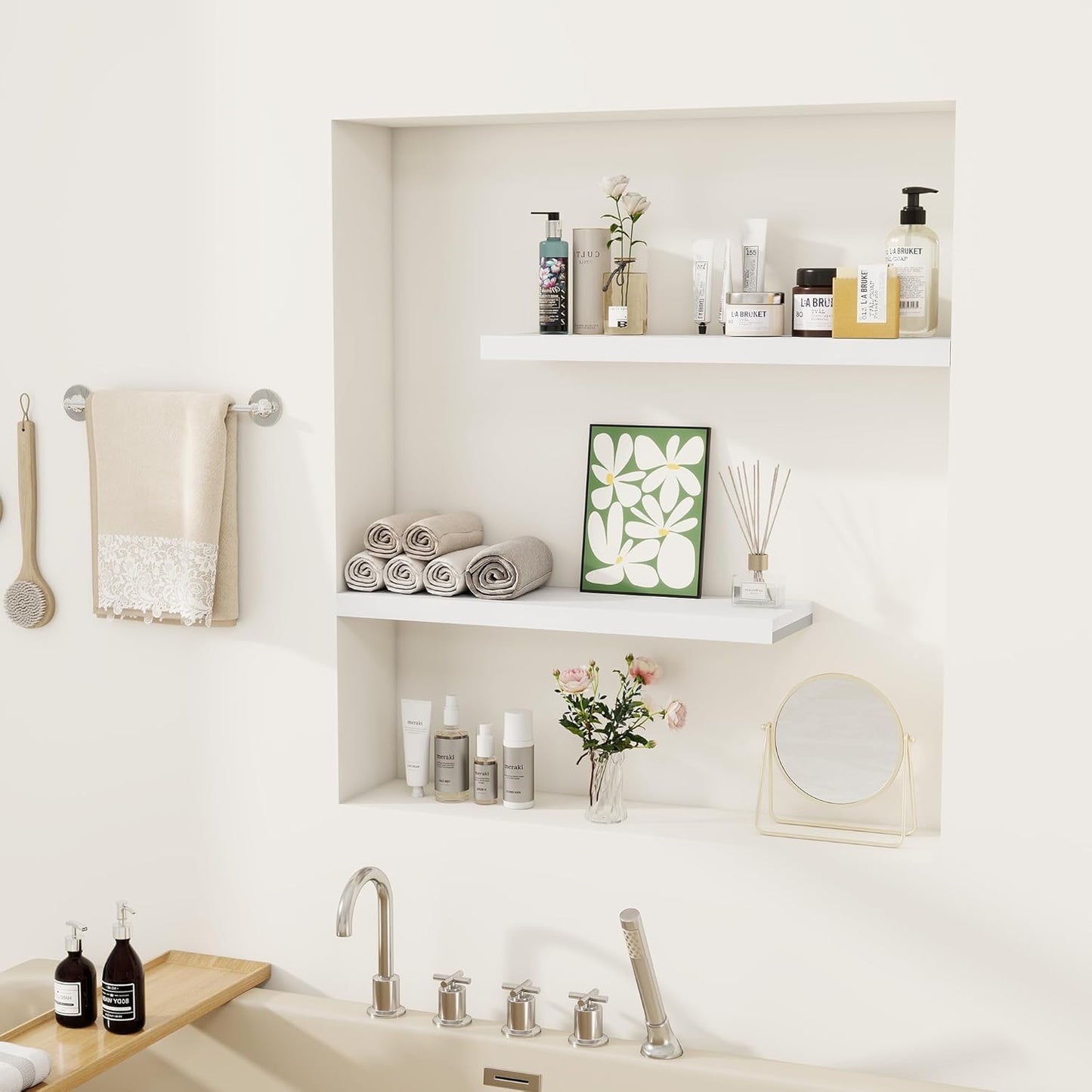 Fun Memories Floating Shelves for Wall, 22.5" Rustic Wood Deep Wall Mounted Shelves with Invisible Brackets for Decor & Storage, Floating Shelf for Living Room, Bathroom (White, Set of 2)