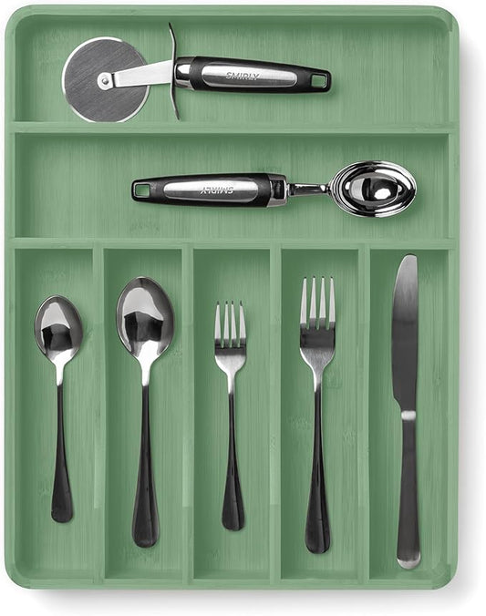 SMIRLY Silverware Drawer Organizer – Bamboo Kitchen Drawer Organizer, Adjustable Utensil Holder and Cutlery Tray, Drawer Dividers for Flatware and Kitchen Utensils