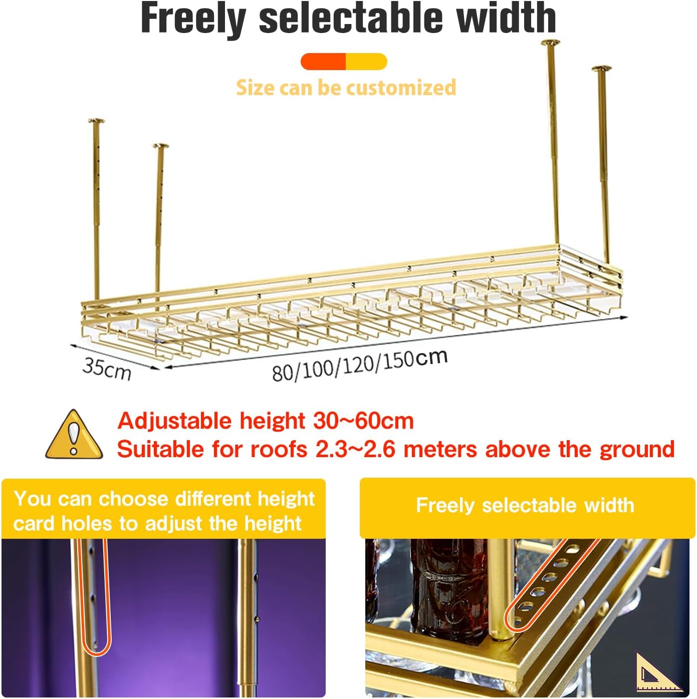 Ceiling Wine Rack&Hanging, Adjustable Hanging Wine Rack with Acrylic Board for Bar Cafe Kitche, 47''x13.8'' Iron Hanging Wine Glass Racks, Wine Bottle, Goblet Stemware Rack, Mug Rack-Black