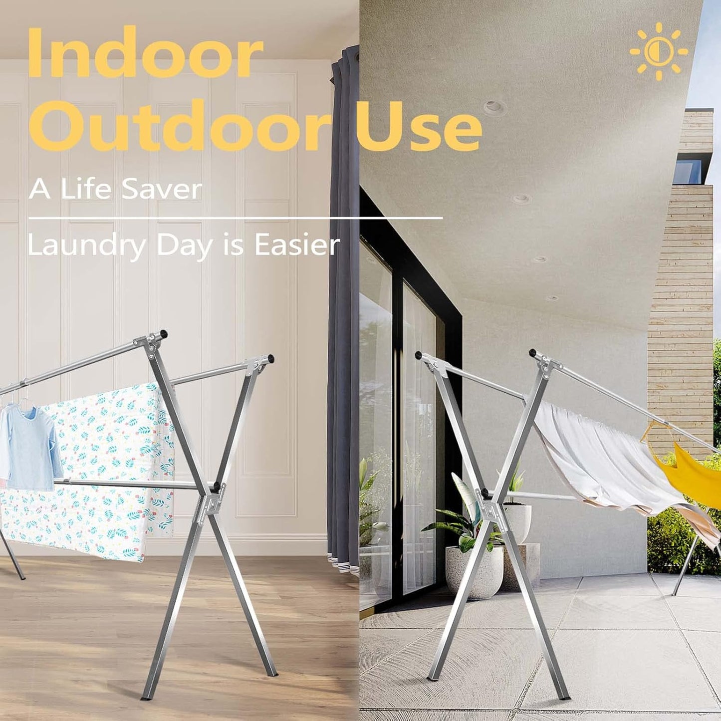 URYAN 79 Inches Stainless Steel Clothes Drying Rack, Heavy Duty Laundry Drying Rack Folding Indoor Outdoor, Portable Drying Rack Clothing, Free-Standing Laundry Stand with 20 Windproof Hooks