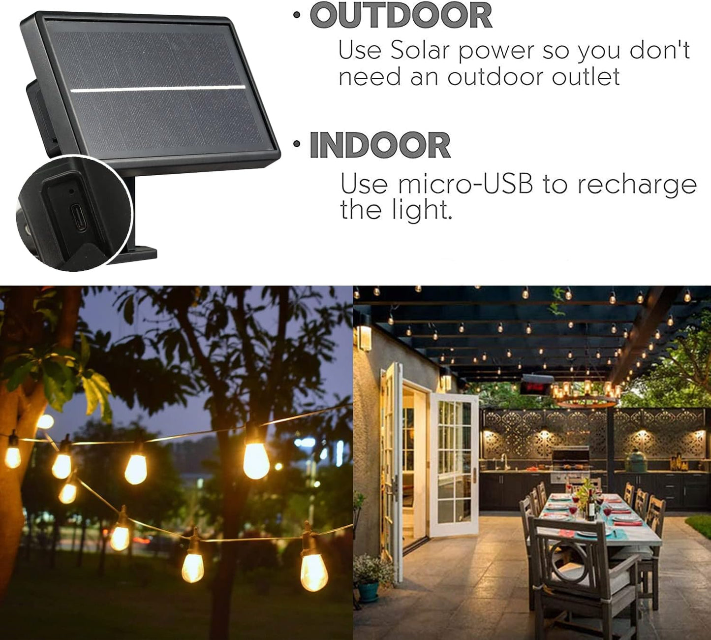 SUNTHIN 24ft Solar String Lights, USB Rechargeable Solar Outdoor Lights with Waterproof & Shatterproof LED Bulbs for Patio, Porch, Garden, Deck, Bistro, Cafe, Camping