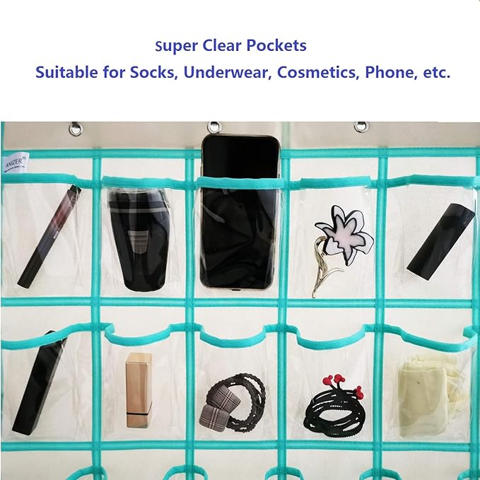 Classroom Pocket Chart for Phone Calculator Holder Over The Door Hanging Closet Jewelry Organizer with 30 Clear Pockets (BEIGE)