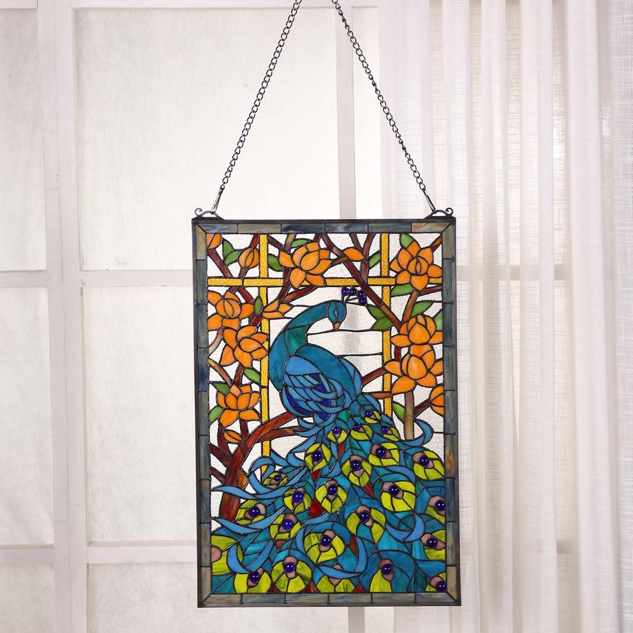 Bieye W10011 Peacock Tiffany Style Stained Glass Window Panel Hangings with Chain, 15" W x 23" H